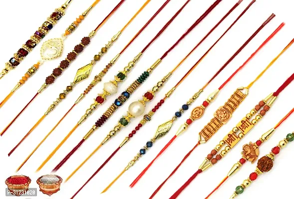 Designer Rakhi Set Pack of 15 Multicolor Designer Rakhi with Roli and Chawal-thumb0