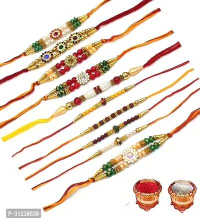 Designer Rakhi Set Pack of 10 Multicolor Designer Rakhi with Roli and Chawal-thumb0