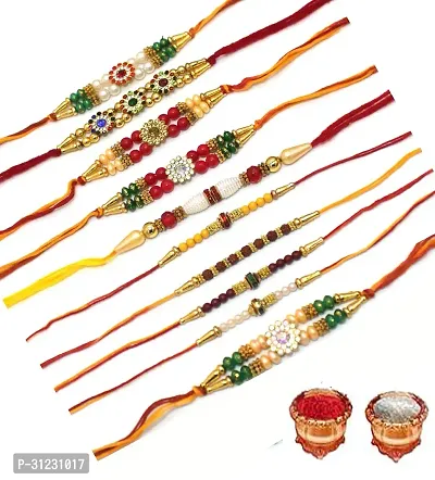 Designer Rakhi Set Pack of 10 Multicolor Designer Rakhi with Roli and Chawal