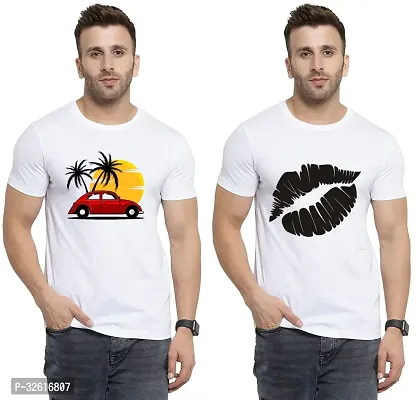 Stylish Polycotton White Printed Tees For Men Pack of 2-thumb0