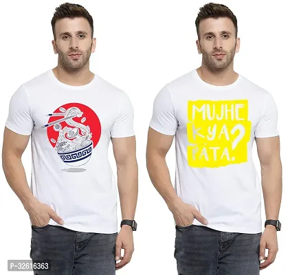 Stylish Polycotton White Printed Tees For Men Pack of 2-thumb0