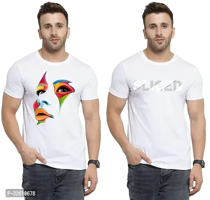 Elite White Polycotton Printed Round Neck Tees For Men- Pack Of 2-thumb0