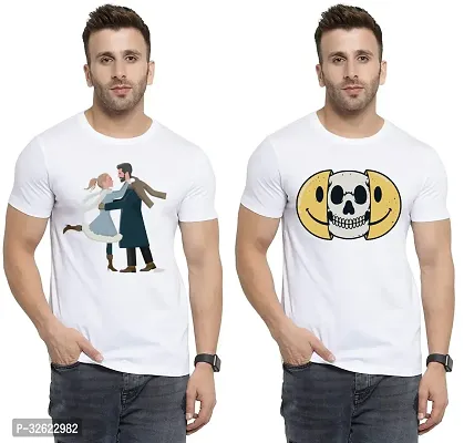 Stylish White Polycotton Printed T-Shirt For Men Pack Of 2