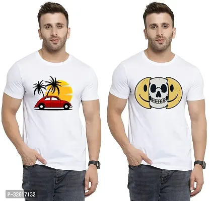 Stylish Polycotton White Printed Tees For Men Pack of 2