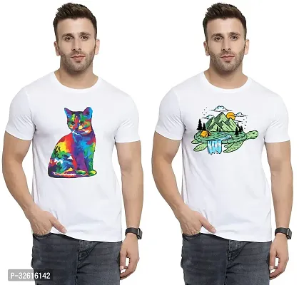 Stylish Polycotton White Printed Tees For Men Pack of 2