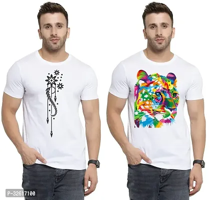 Stylish Polycotton White Printed Tees For Men Pack of 2-thumb0