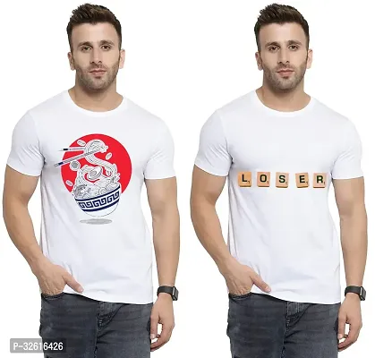 Stylish Polycotton White Printed Tees For Men Pack of 2-thumb0