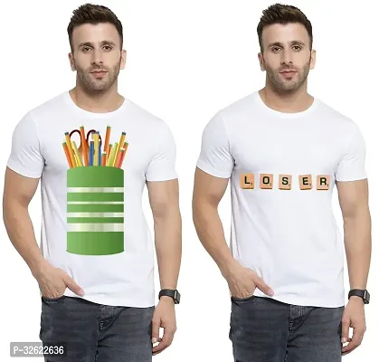 Stylish White Polycotton Printed T-Shirt For Men Pack Of 2