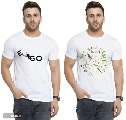 Elite White Polycotton Printed Round Neck Tees For Men- Pack Of 2