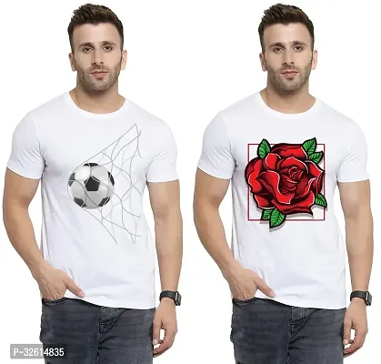 Elite White Polycotton Printed Round Neck Tees For Men- Pack Of 2