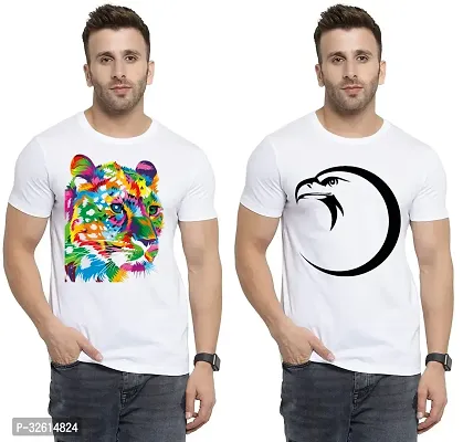 Elite White Polycotton Printed Round Neck Tees For Men- Pack Of 2