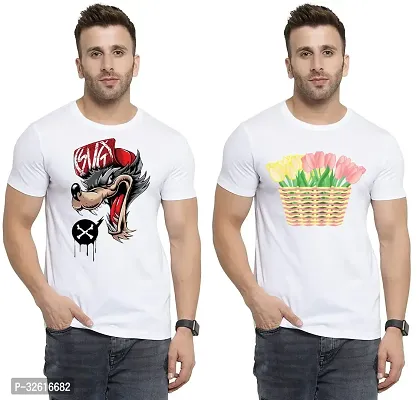 Stylish Polycotton White Printed Tees For Men Pack of 2-thumb0