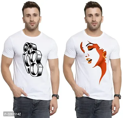 Elite White Polycotton Printed Round Neck Tees For Men- Pack Of 2-thumb0