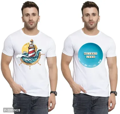 Stylish Polycotton White Printed Tees For Men Pack of 2-thumb0