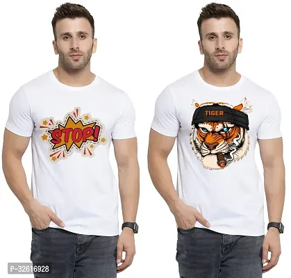 Stylish Polycotton White Printed Tees For Men Pack of 2-thumb0