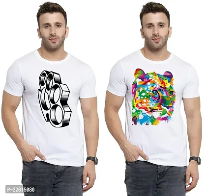 Elite White Polycotton Printed Round Neck Tees For Men- Pack Of 2