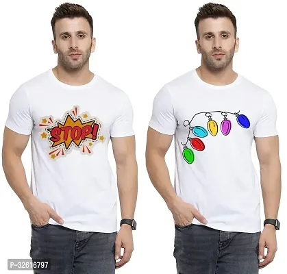 Stylish Polycotton White Printed Tees For Men Pack of 2-thumb0