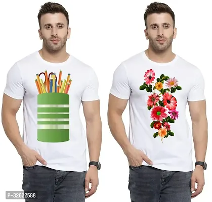 Stylish White Polycotton Printed T-Shirt For Men Pack Of 2-thumb0