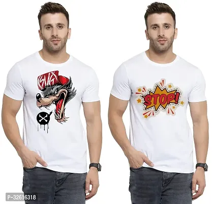 Stylish Polycotton White Printed Tees For Men Pack of 2-thumb0