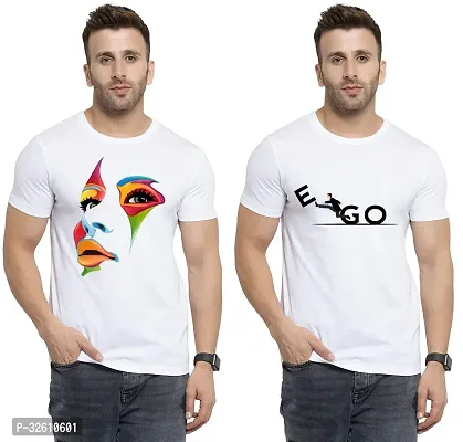 Elite White Polycotton Printed Round Neck Tees For Men- Pack Of 2