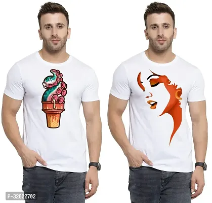 Stylish White Polycotton Printed T-Shirt For Men Pack Of 2