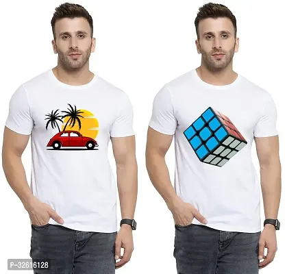 Stylish Polycotton White Printed Tees For Men Pack of 2