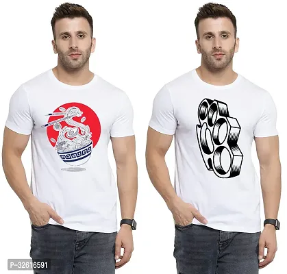 Stylish Polycotton White Printed Tees For Men Pack of 2-thumb0