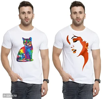 Stylish Polycotton White Printed Tees For Men Pack of 2-thumb0