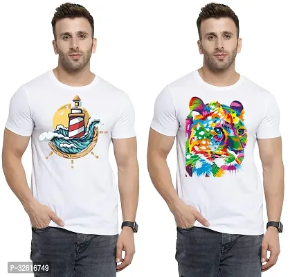 Stylish Polycotton White Printed Tees For Men Pack of 2