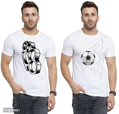 Elite White Polycotton Printed Round Neck Tees For Men- Pack Of 2