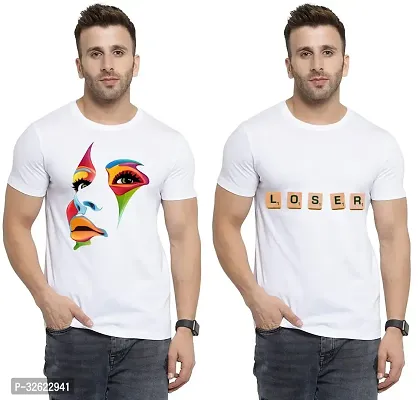 Stylish White Polycotton Printed T-Shirt For Men Pack Of 2