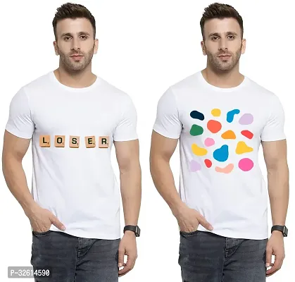 Elite White Polycotton Printed Round Neck Tees For Men- Pack Of 2