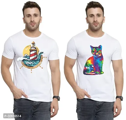 Stylish Polycotton White Printed Tees For Men Pack of 2