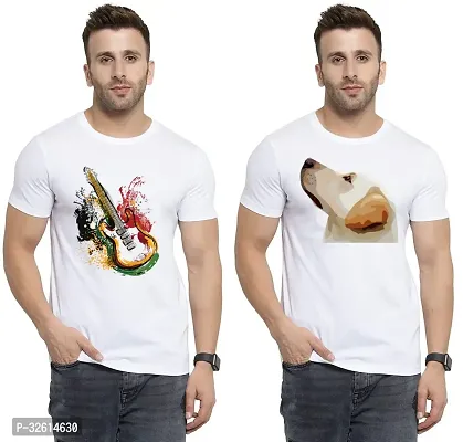 Elite White Polycotton Printed Round Neck Tees For Men- Pack Of 2