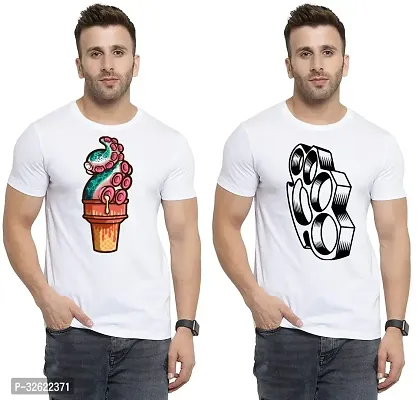 Stylish White Polycotton Printed T-Shirt For Men Pack Of 2-thumb0