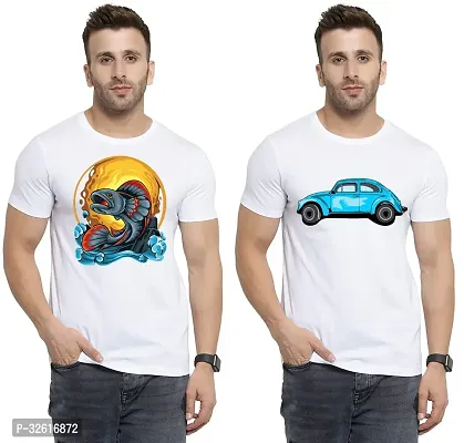 Stylish Polycotton White Printed Tees For Men Pack of 2-thumb0