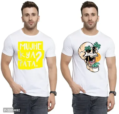 Elite White Polycotton Printed Round Neck Tees For Men- Pack Of 2