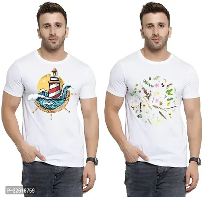 Stylish Polycotton White Printed Tees For Men Pack of 2