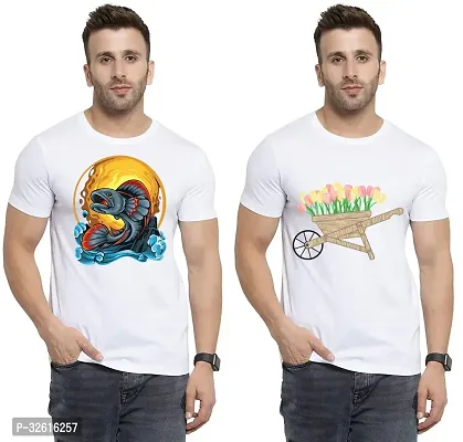 Stylish Polycotton White Printed Tees For Men Pack of 2-thumb0