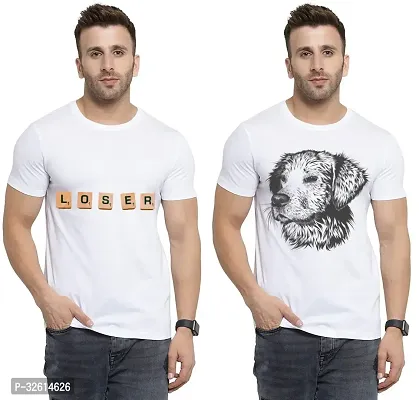 Elite White Polycotton Printed Round Neck Tees For Men- Pack Of 2