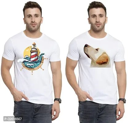 Stylish Polycotton White Printed Tees For Men Pack of 2-thumb0