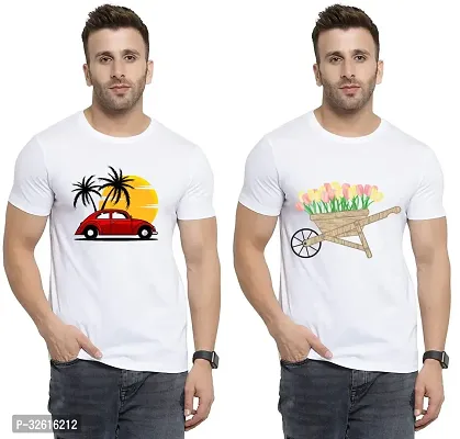 Stylish Polycotton White Printed Tees For Men Pack of 2-thumb0