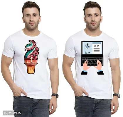 Stylish White Polycotton Printed T-Shirt For Men Pack Of 2-thumb0