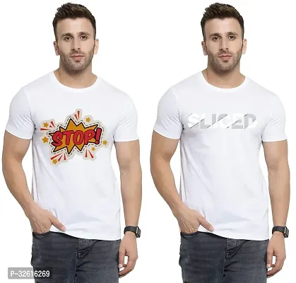 Stylish Polycotton White Printed Tees For Men Pack of 2