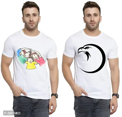 Elite White Polycotton Printed Round Neck Tees For Men- Pack Of 2