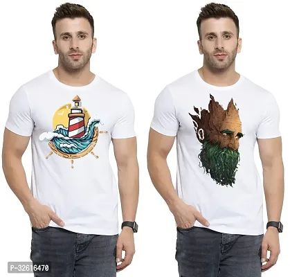 Stylish Polycotton White Printed Tees For Men Pack of 2