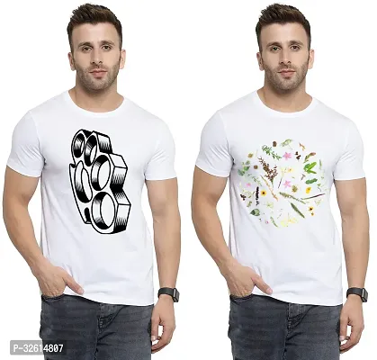 Elite White Polycotton Printed Round Neck Tees For Men- Pack Of 2-thumb0