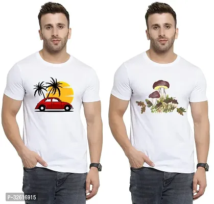 Stylish Polycotton White Printed Tees For Men Pack of 2-thumb0