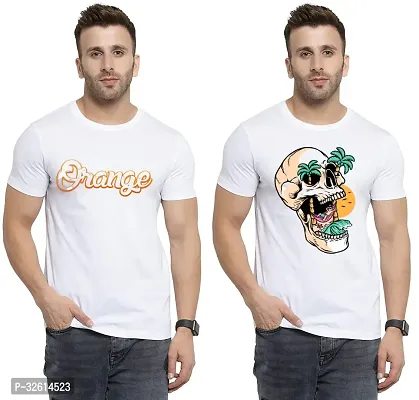 Elite White Polycotton Printed Round Neck Tees For Men- Pack Of 2