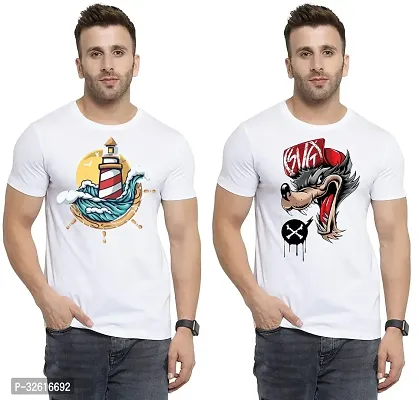 Stylish Polycotton White Printed Tees For Men Pack of 2-thumb0